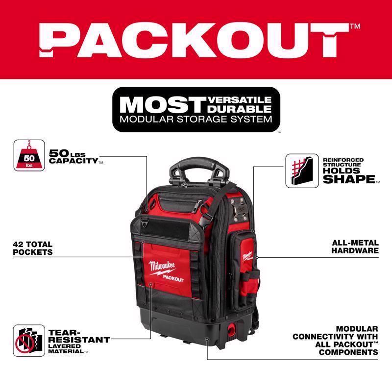 Milwaukee Packout Ballistic Polyester Structured Backpack 42 pocket Black/Red