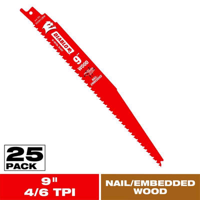Diablo 9 in. Bi-Metal Nail Embedded Wood Reciprocating Saw Blade 4/6 TPI 25 pk