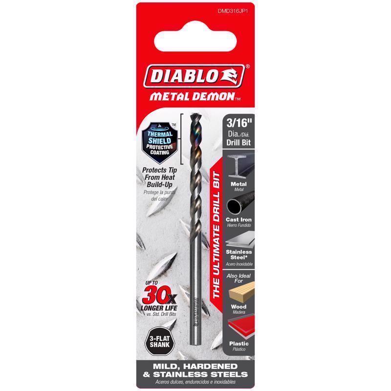 Diablo Metal Demon 3/16 in. X 3.4 in. L Metal Drill Bit 3-Flat Shank