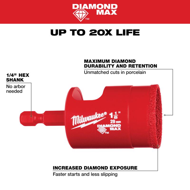 Milwaukee Diamond Max 1-1/8 in. Diamond 2.56 in. L X 1/4 in. D Hole Saw