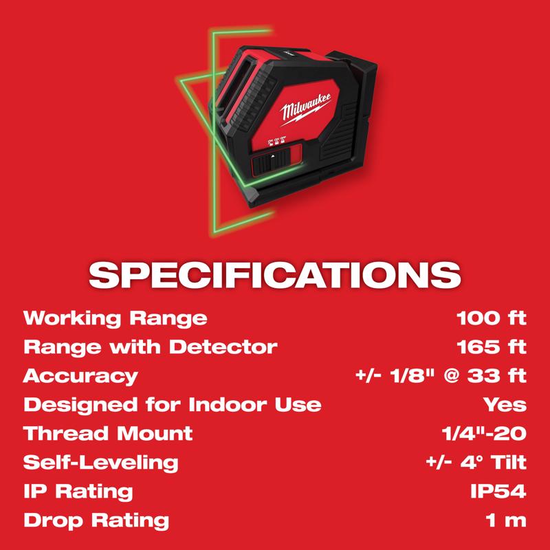 Milwaukee 2 beam Self Leveling Green Cross-Line Laser 165 ft.