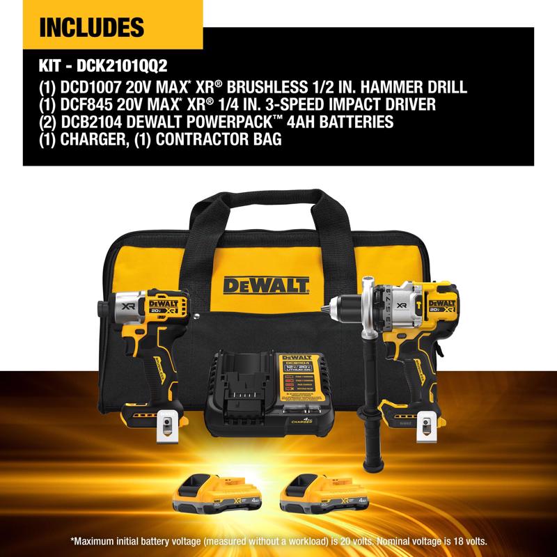 DeWalt 20V MAX XR Cordless Brushless 2 Tool Hammer Drill and Impact Driver Kit