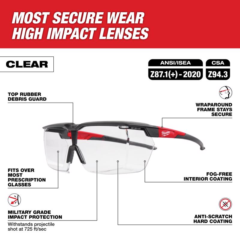 Milwaukee Tool Impact-Resistant Safety Glasses Clear Lens Black/Red Frame