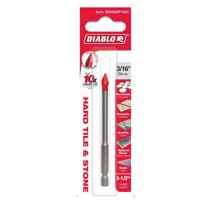 Diablo 3/16 in. X 3-1/2 in. L Carbide Tipped Tile and Stone Drill Bit Hex Shank