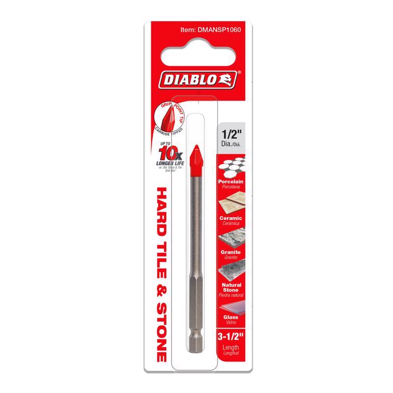 Diablo 1/2 in. X 3-1/2 in. L Carbide Tipped Tile and Stone Drill Bit Hex Shank