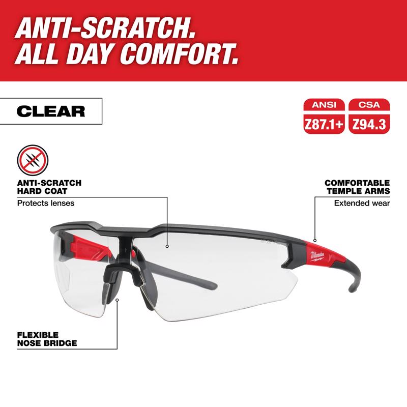 Milwaukee Safety Glasses Clear Lens Black/Red Frame