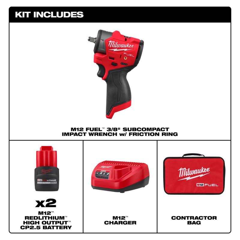 Milwaukee M12 FUEL 3/8 in. Cordless Brushless Subcompact Impact Wrench W/Friction Ring Kit