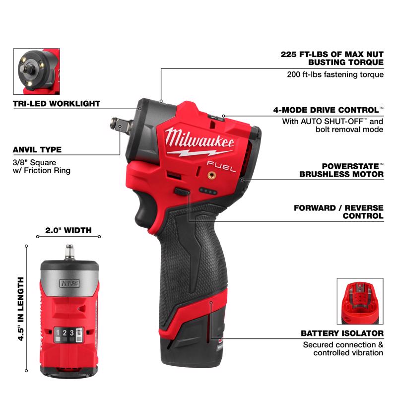 Milwaukee M12 FUEL 3/8 in. Cordless Brushless Subcompact Impact Wrench W/Friction Ring Kit