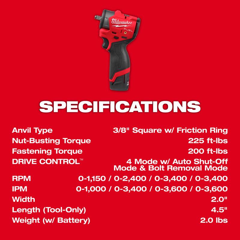 Milwaukee M12 FUEL 3/8 in. Cordless Brushless Subcompact Impact Wrench W/Friction Ring Kit