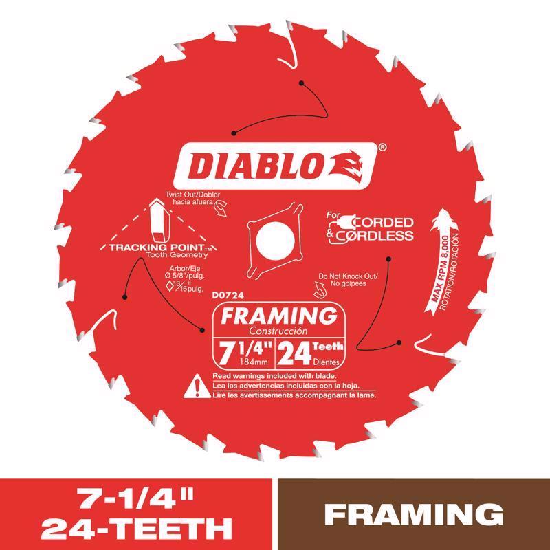 Diablo Tracking Point 7-1/4 in. D X 5/8 in. TiCo Hi-Density Carbide Framing Blade 24 teeth