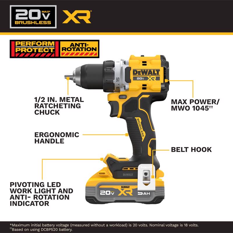 DeWalt 20V MAX XR 1/2 in. Brushless Cordless Drill/Driver Kit (Battery & Charger)
