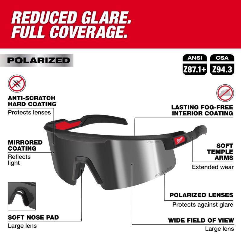 Milwaukee Anti-Fog Polarized Wrap Around Safety Glasses Silver Mirror Lens Black Frame 1 pair