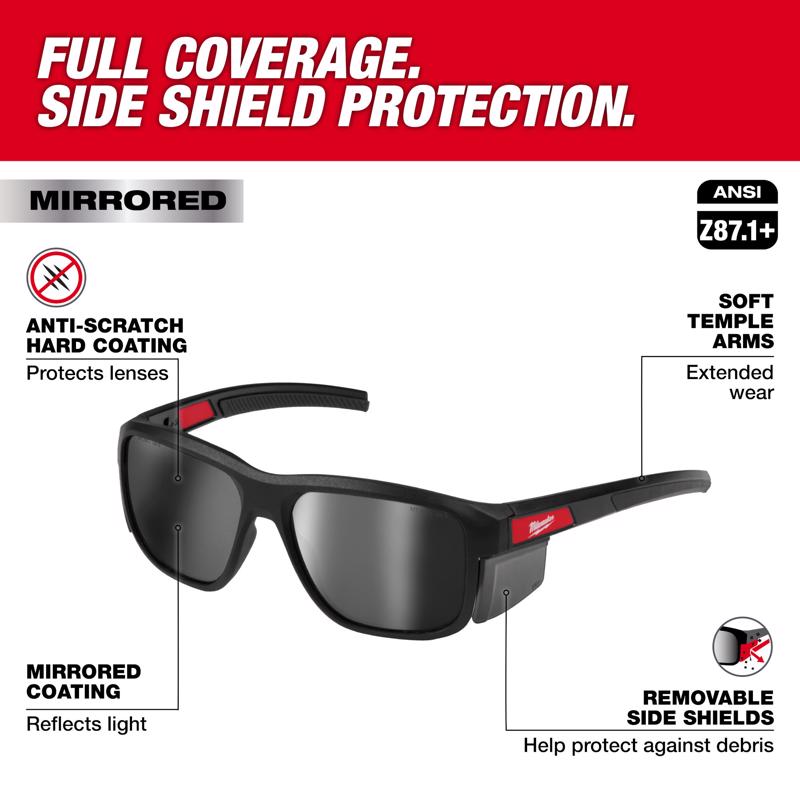 Milwaukee Full Frame Safety Glasses Silver Mirror Lens Black Frame 1 pair