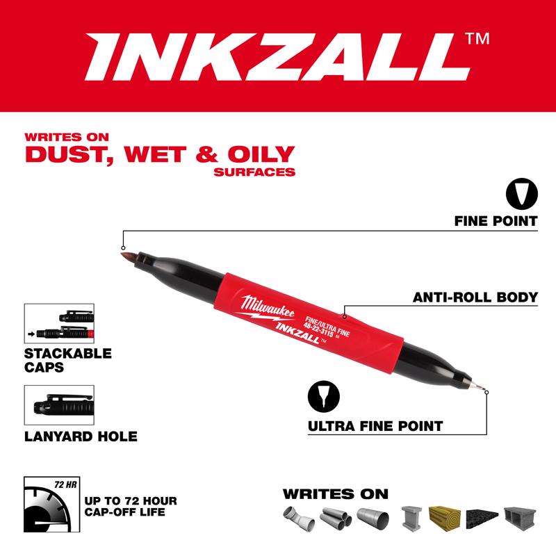 Milwaukee Inkzall Black Ultra Fine and Fine Tips Jobsite Marker