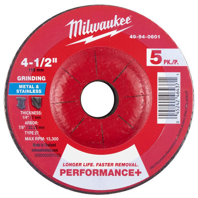 Milwaukee 4.5 in. D X 7/8 in. X 1/4 in. thick Metal Grinding Wheel 5 pk