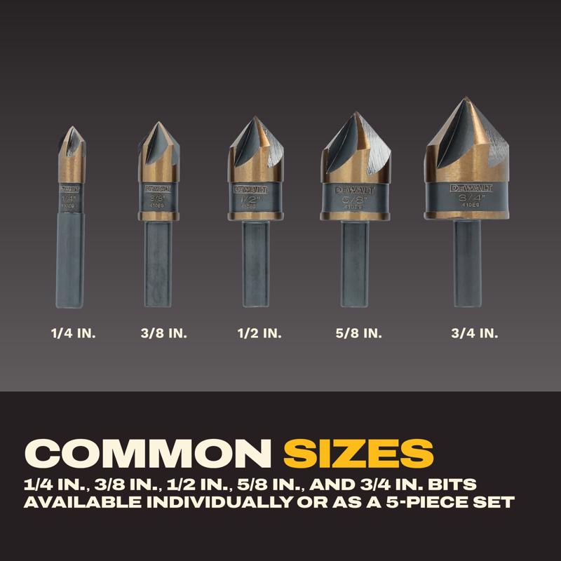 DEWALT 1/4, 3/8, 1/2, 5/8 and 3/4 in. High Speed Steel Countersink Bit Set 5 pc