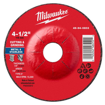 Milwaukee 4-1/2 in. D X 7/8 in. X 1/8 in. thick Metal Cutting/Grinding Disc