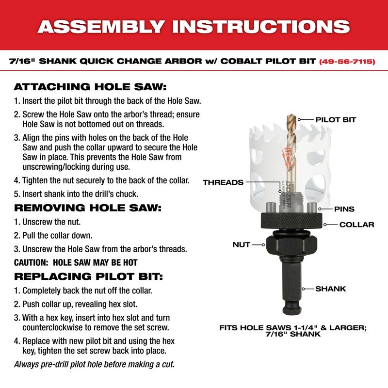 Milwaukee 6 in. High Speed Steel 2.3 in. L X 3/8 in. D Hole Saw Arbor
