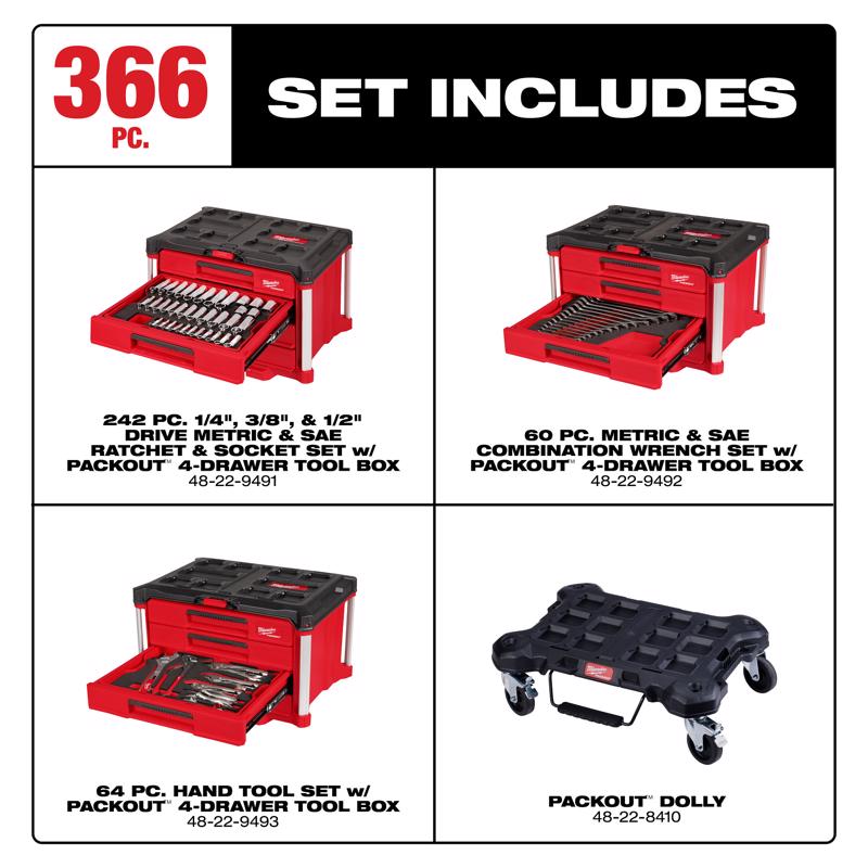 Milwaukee Prefilled Packout 1/4 & 3/8 & 1/2 in. drive Master Mechanic's Tool Set 366 pc