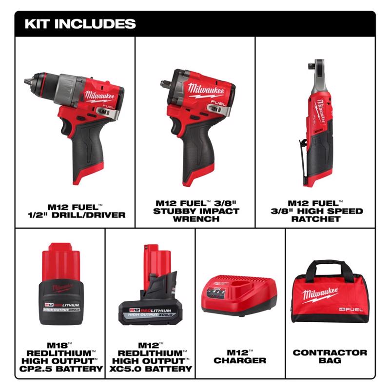 Milwaukee M12 FUEL Cordless Brushless 3 Tool Combo Kit
