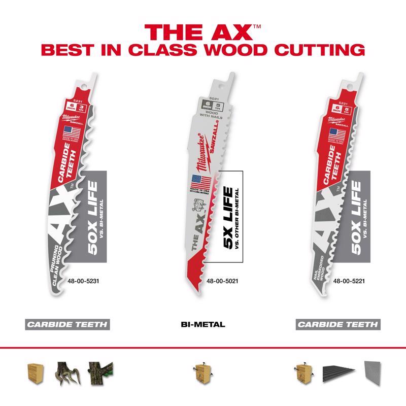 Milwaukee The AX 6 in. Bi-Metal Wood demolition Reciprocating Saw Blade 5 TPI 5 pk
