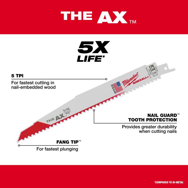 Milwaukee The AX 9 in. Bi-Metal Wood demolition Reciprocating Saw Blade 5 TPI 5 pk