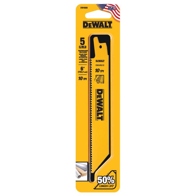 DEWALT 6 in. Bi-Metal Reciprocating Saw Blade 10 TPI 5 pk