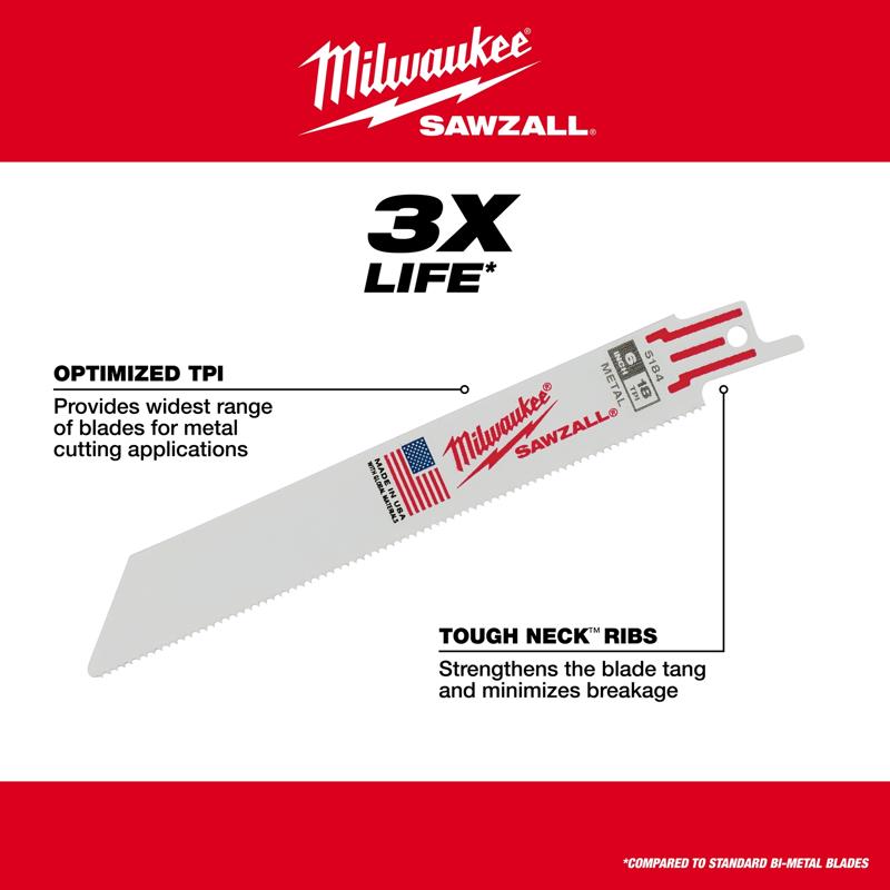 Milwaukee Sawzall 4 in. Bi-Metal Double Duty Upgrade Reciprocating Saw Blade 18 TPI 5 pk