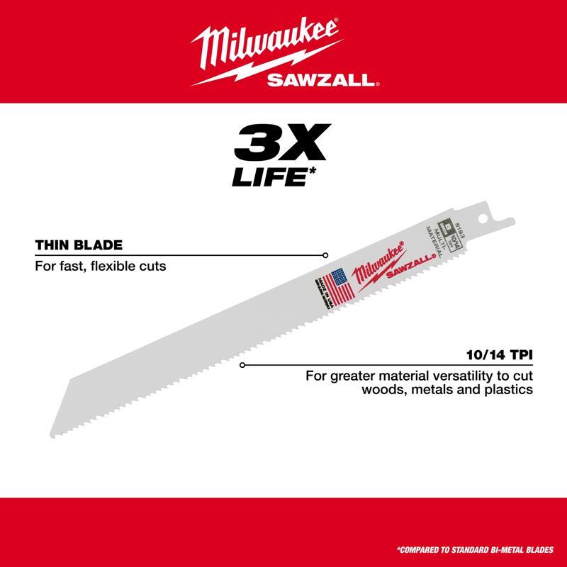 Milwaukee Sawzall 8 in. Bi-Metal Double Duty Upgrade Reciprocating Saw Blade 10/14 TPI 5 pk