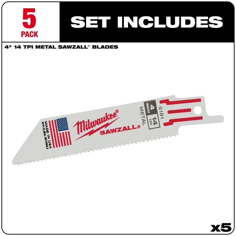Milwaukee Sawzall 4 in. Bi-Metal Double Duty Upgrade Reciprocating Saw Blade 14 TPI 5 pk