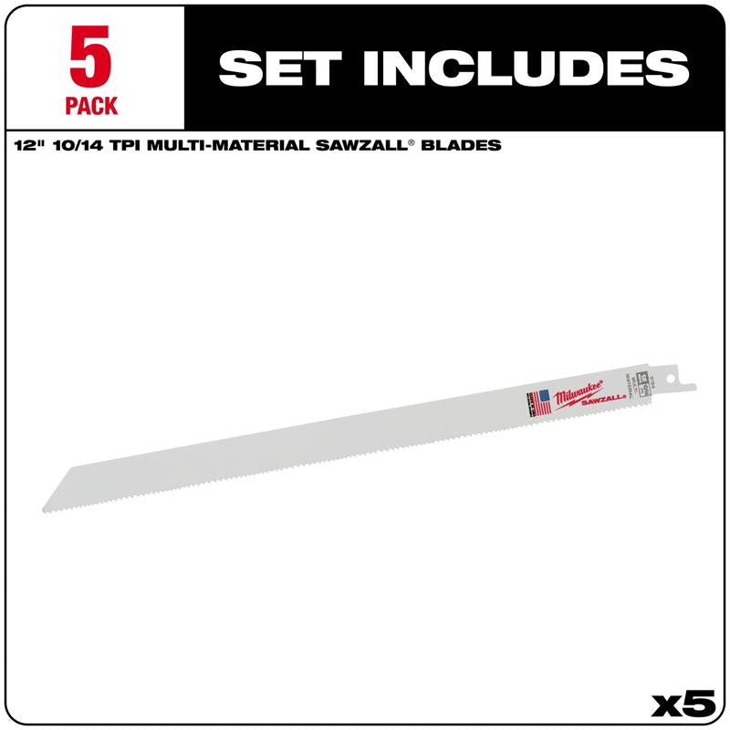 Milwaukee Sawzall 12 in. Bi-Metal Thin Kerf Reciprocating Saw Blade 10/14 TPI 5 pk