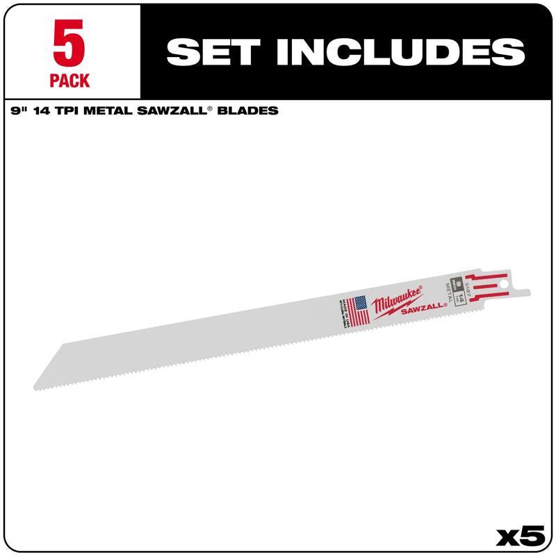 Milwaukee Sawzall 9 in. Bi-Metal Double Duty Upgrade Reciprocating Saw Blade 14 TPI 5 pk