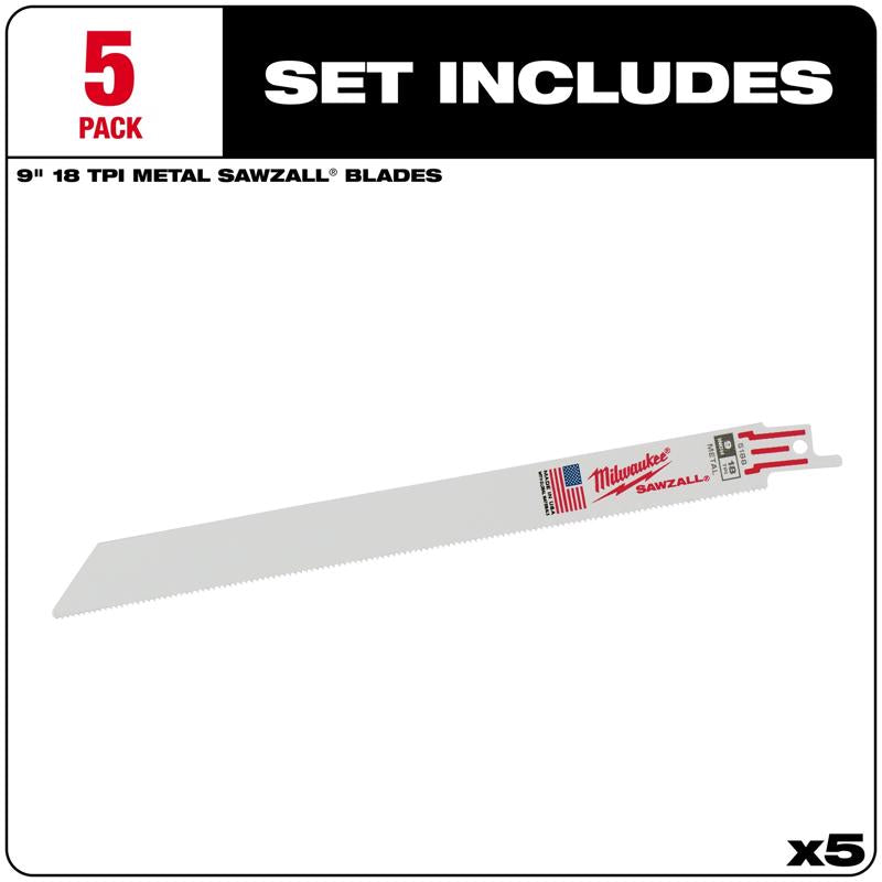 Milwaukee Sawzall 9 in. Bi-Metal Double Duty Upgrade Reciprocating Saw Blade 18 TPI 5 pk