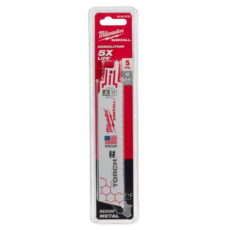 Milwaukee The Torch 6 in. Bi-Metal Reciprocating Saw Blade 14 TPI 5 pk