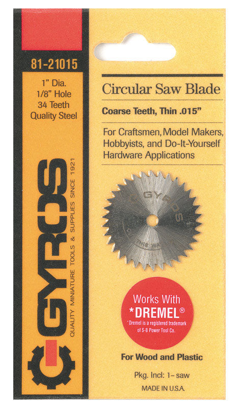 Gyros Tools 1 in. D X 1/8 in. Coarse Steel Circular Saw Blade 34 teeth