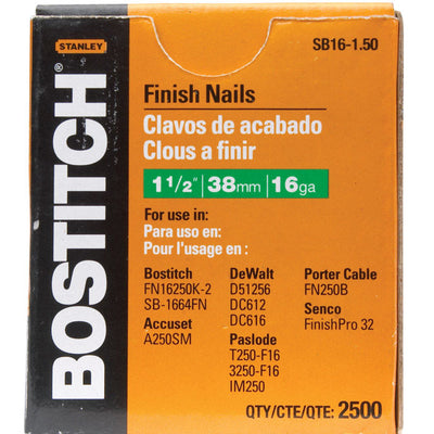 Bostitch 1-1/2 in. L X 16 Ga. Straight Strip Coated Finish Nails 2500 pk