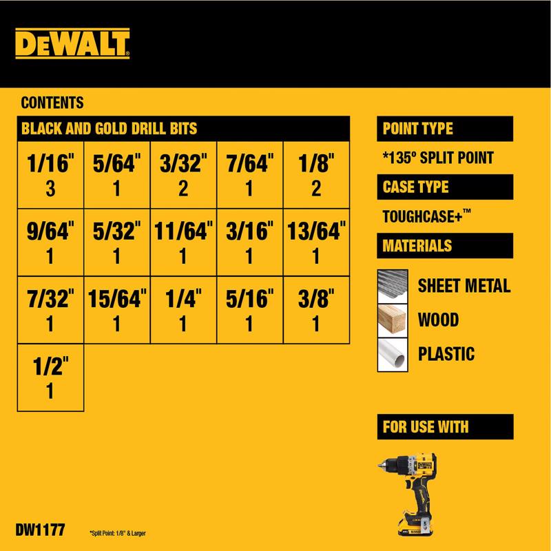 DeWalt BLACK & GOLD High Speed Steel Split Point Drill Bit Set Straight Shank 20 pc