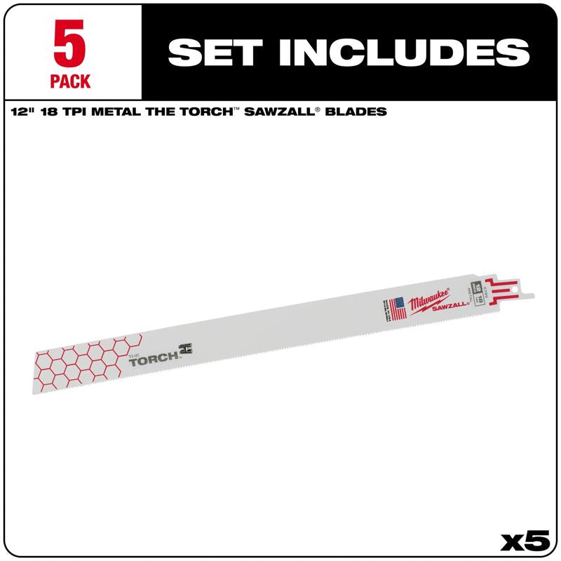 Milwaukee The Torch 12 in. Bi-Metal Reciprocating Saw Blade 18 TPI 5 pk