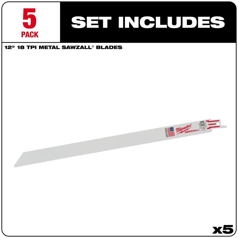 Milwaukee Sawzall 12 in. Bi-Metal Double Duty Upgrade Reciprocating Saw Blade 18 TPI 5 pk