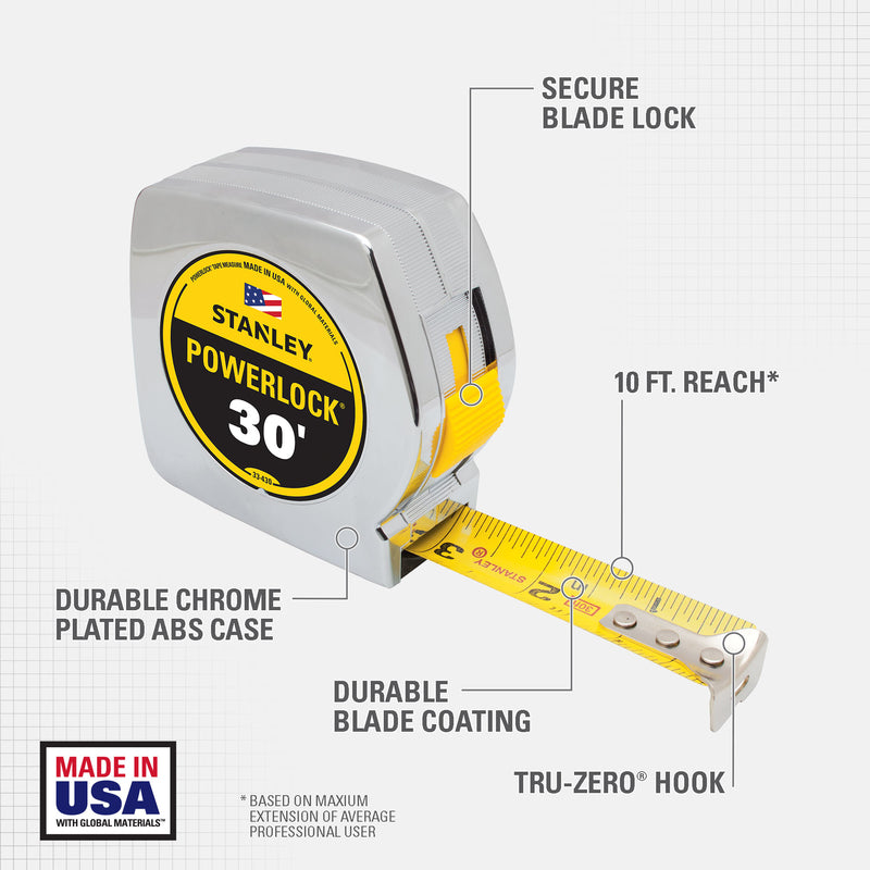 STANLEY PowerLock 30 ft. L X 1 in. W Compact Tape Measure