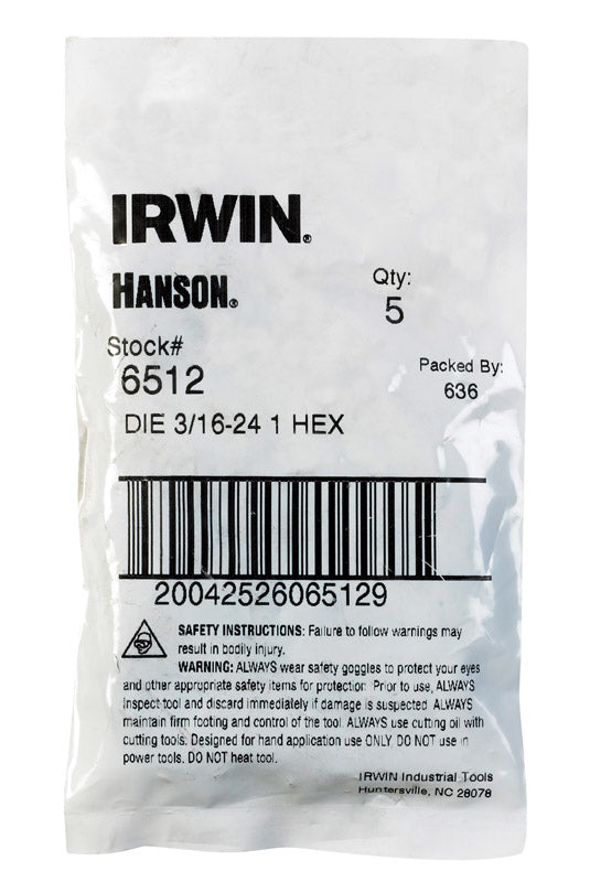 Irwin Hanson High Carbon Steel SAE Hexagon Die 3/16 in.