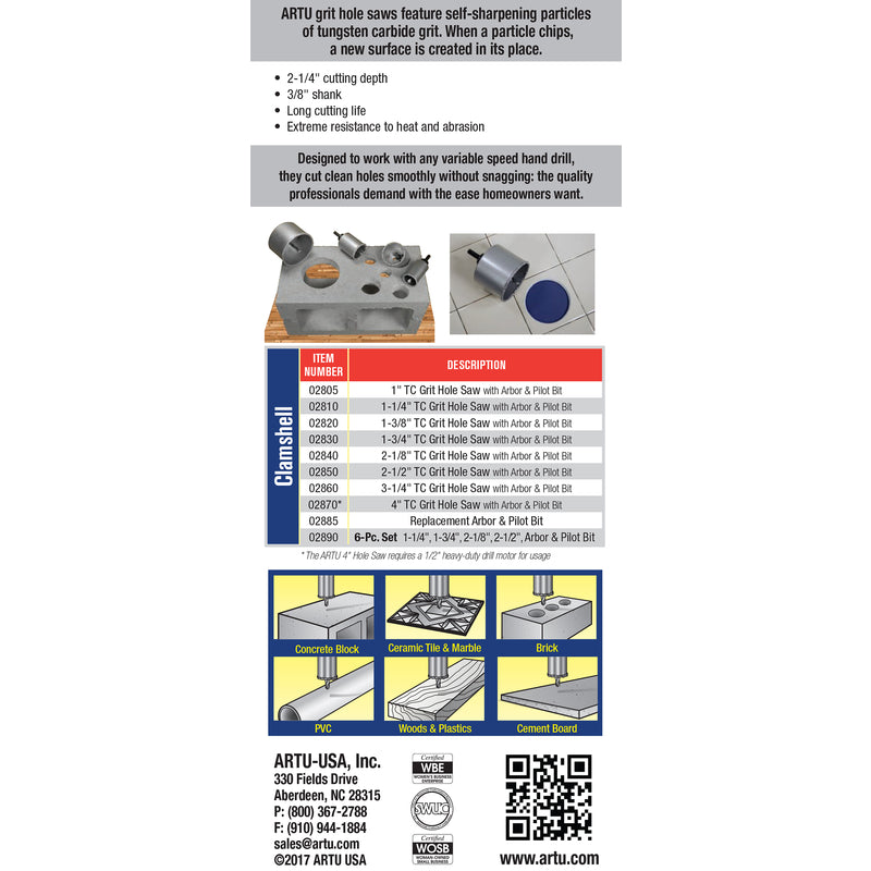 ARTU 4 in. Carbide Grit 4.5 in. L X 3/8 in. D Hole Saw Arbor