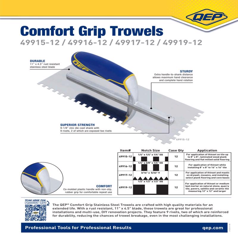 QEP 11 in. W X 4-1/2 in. L Stainless Steel Square Notched Trowel