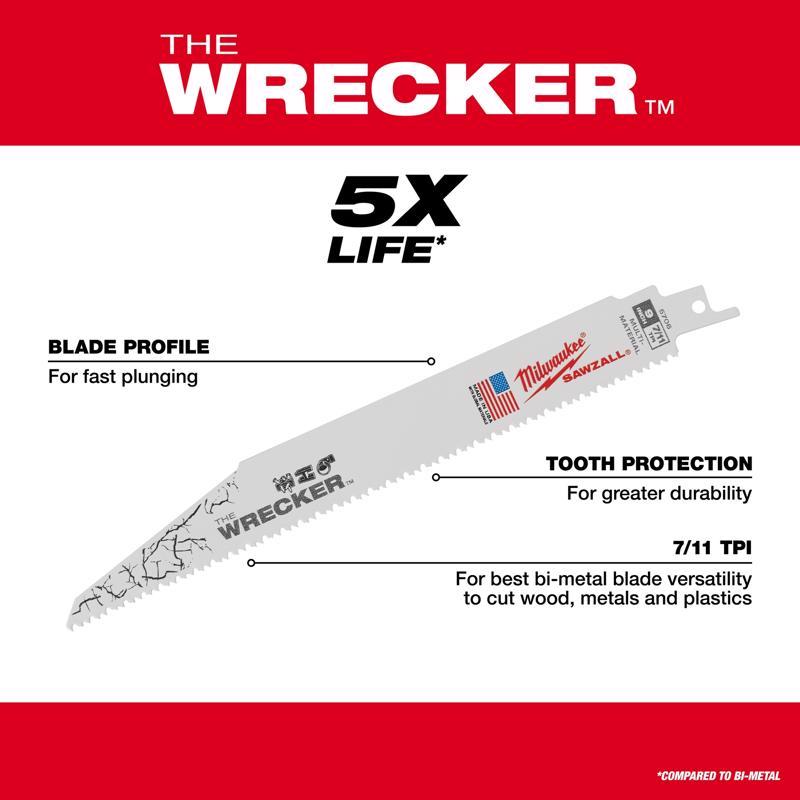 Milwaukee The Wrecker 9 in. Bi-Metal Demolition Reciprocating Saw Blade 7/11 TPI 5 pk