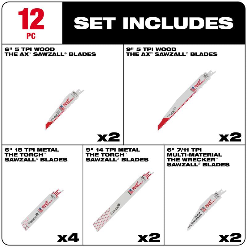 Milwaukee Sawzall 6 and 9 in. Bi-Metal Demolition Reciprocating Saw Blade Set Multi TPI 12 pk