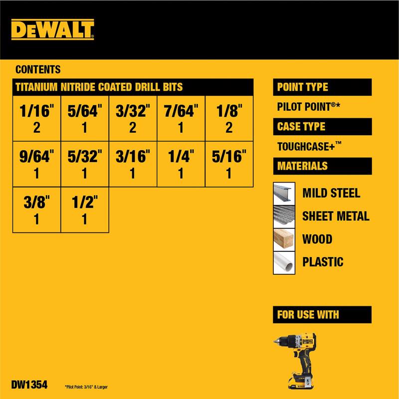 DeWalt Pilot Point Titanium Drill Bit Set Straight Shank 14 pc