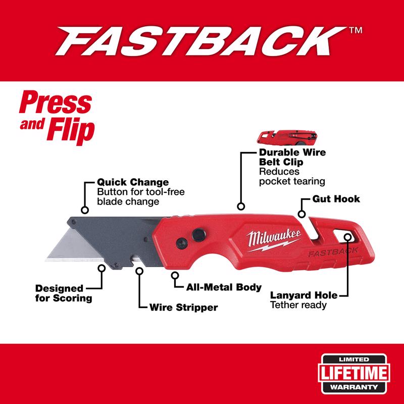 Milwaukee Fastback 7-1/4 in. Press and Flip Folding Utility Knife Red