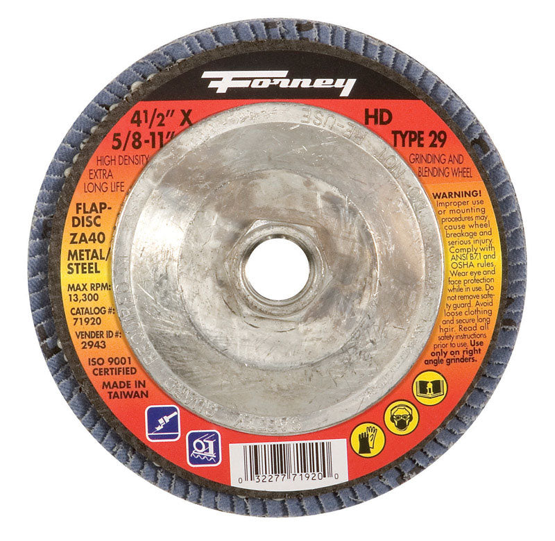 Forney 4-1/2 in. D X 5/8 in. Zirconia Aluminum Oxide Flap Disc 40 Grit
