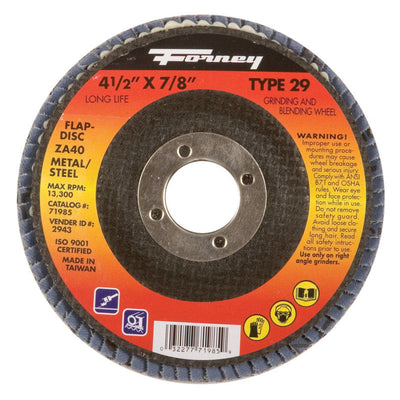 Forney 4-1/2 in. D X 7/8 in. Zirconia Aluminum Oxide Flap Disc 40 Grit