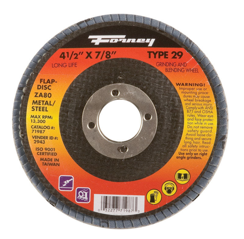 Forney 4-1/2 in. D X 7/8 in. Zirconia Aluminum Oxide Flap Disc 80 Grit